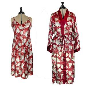 Adonna Satin Sleeping Gown/Chemise with Matching Robe (Set), Deep Red Floral (L)